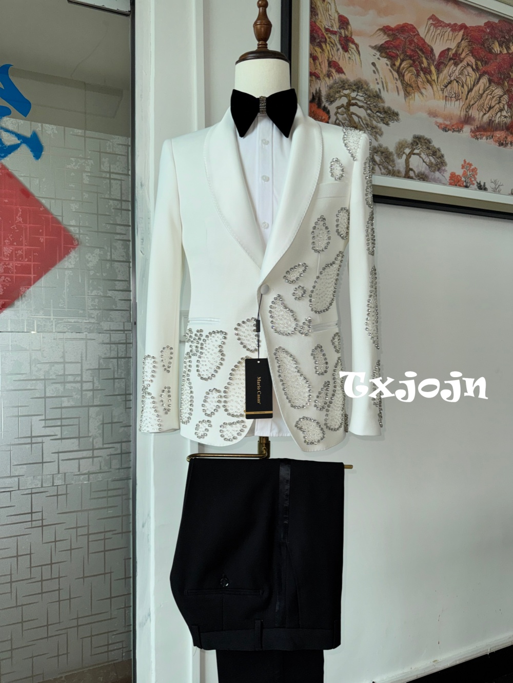Men Formal Wear For Wedding - White Luxurious Beaded Man Suit Set